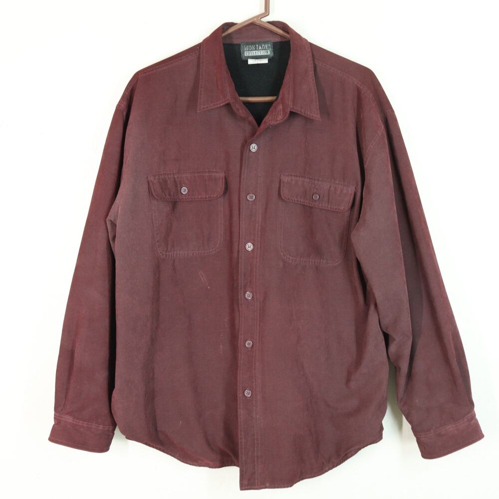 Vtg Montage Collection Shirt Men Large Jacket Burgundy Black Fleece Lined Button
